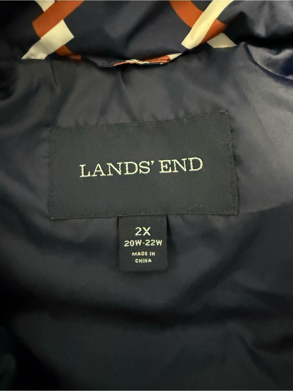 Lands’ End Women’s Plus Size 2X Navy Orange Geometric Down Puffer Vest Full Zip - Picture 5 of 7